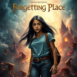 A cinematic movie poster depicting a dramatic scene where a 15-year-old Italian girl with long black hair, dressed in modern jeans and a stylish t-shirt, is on a quest to find her brother, who has been kidnapped by a witch from her fantasy books