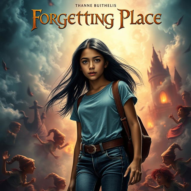 A cinematic movie poster depicting a dramatic scene where a 15-year-old Italian girl with long black hair, dressed in modern jeans and a stylish t-shirt, is on a quest to find her brother, who has been kidnapped by a witch from her fantasy books