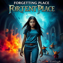 A cinematic movie poster depicting a dramatic scene where a 15-year-old Italian girl with long black hair, dressed in modern jeans and a stylish t-shirt, is on a quest to find her brother, who has been kidnapped by a witch from her fantasy books