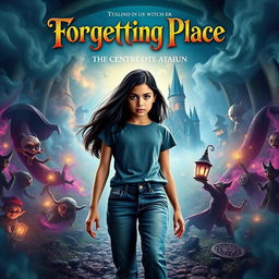 A cinematic movie poster depicting a dramatic scene where a 15-year-old Italian girl with long black hair, dressed in modern jeans and a stylish t-shirt, is on a quest to find her brother, who has been kidnapped by a witch from her fantasy books