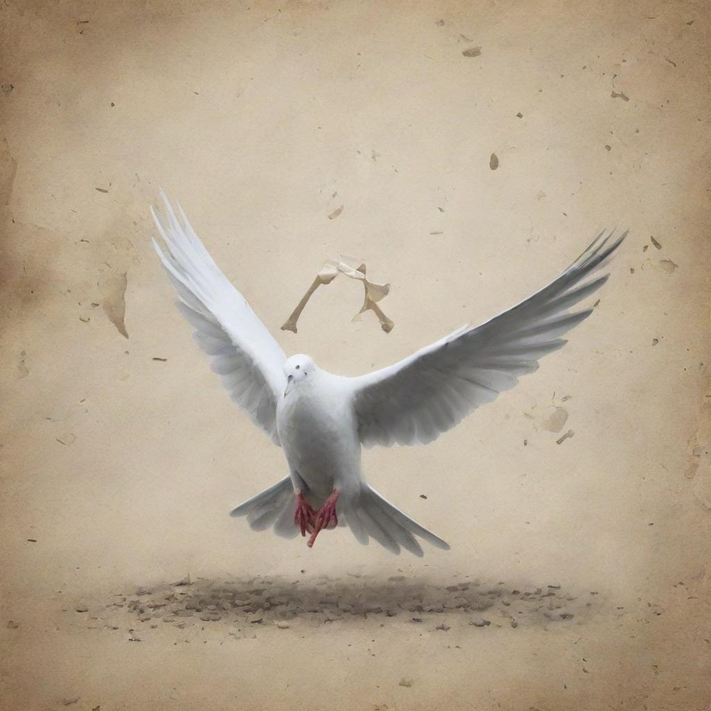 Design a poster aiming to provoke thought and educate about the dangers of chemical weapons. Illustrate a destroyed environment contrasted by a hopeful symbol, like a dove. Add a text with strong message against chemical weapons use.