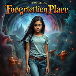 A cinematic movie poster depicting a dramatic scene where a 15-year-old Italian girl with long black hair, dressed in modern jeans and a stylish t-shirt, is on a quest to find her brother, who has been kidnapped by a witch from her fantasy books