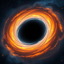 A stunning visualization of a black hole in the universe, surrounded by a swirling accretion disk of glowing hot gas and stardust