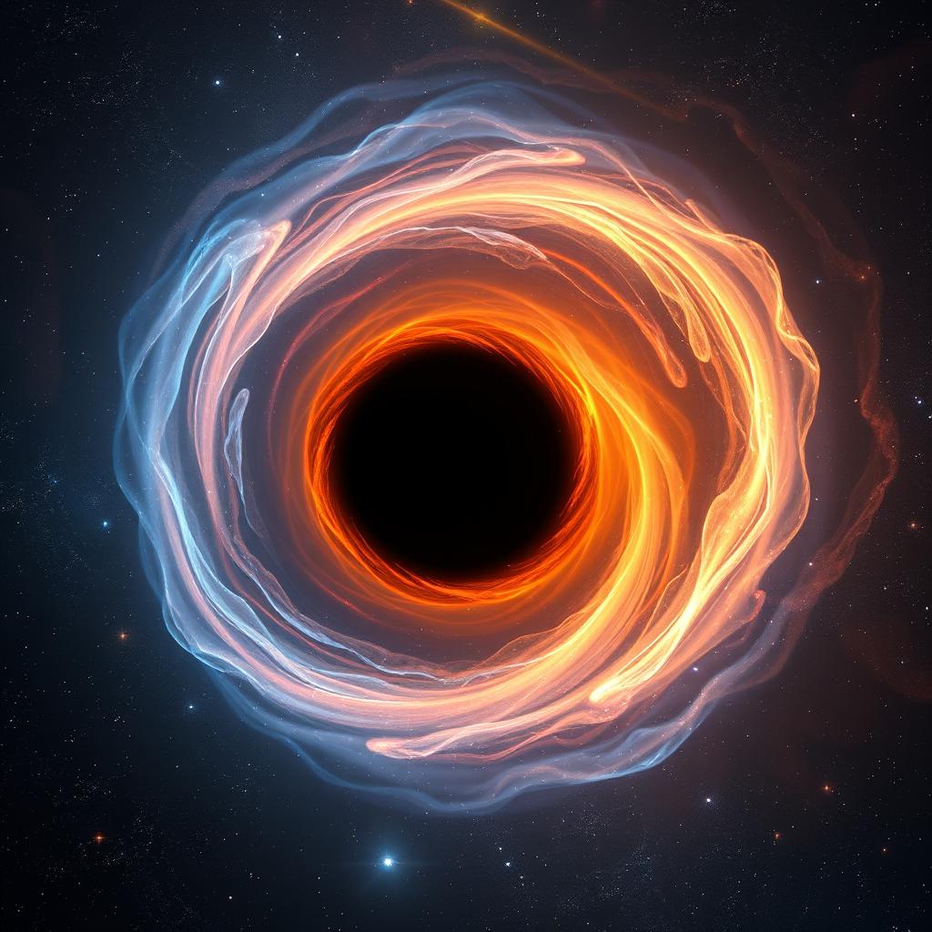 A stunning visualization of a black hole in the universe, surrounded by a swirling accretion disk of glowing hot gas and stardust