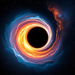 A stunning visualization of a black hole in the universe, surrounded by a swirling accretion disk of glowing hot gas and stardust