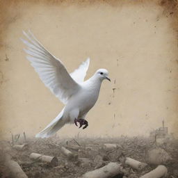 Design a poster aiming to provoke thought and educate about the dangers of chemical weapons. Illustrate a destroyed environment contrasted by a hopeful symbol, like a dove. Add a text with strong message against chemical weapons use.