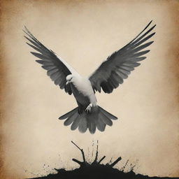 Design a poster aiming to provoke thought and educate about the dangers of chemical weapons. Illustrate a destroyed environment contrasted by a hopeful symbol, like a dove. Add a text with strong message against chemical weapons use.