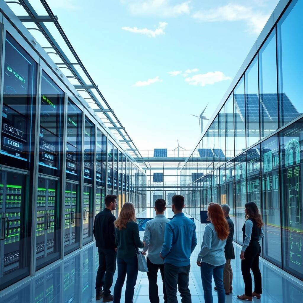 A futuristic smart data center, gleaming with sleek glass and metallic surfaces, featuring rows of high-tech servers and advanced cooling systems