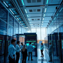 A futuristic smart data center, gleaming with sleek glass and metallic surfaces, featuring rows of high-tech servers and advanced cooling systems