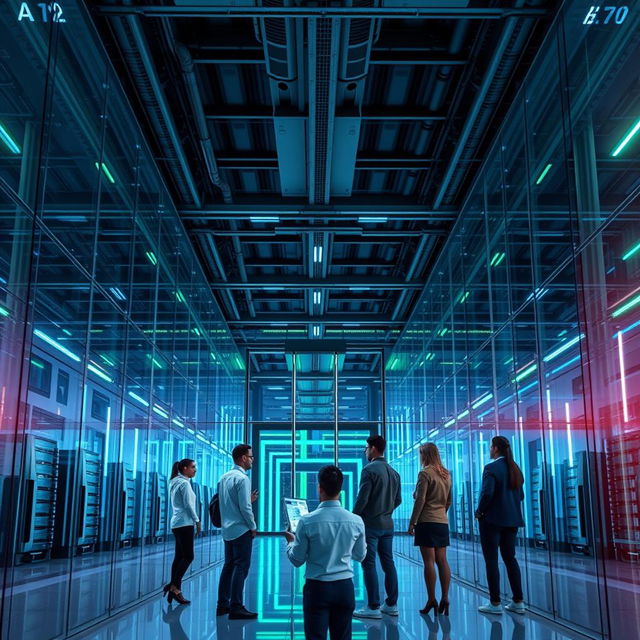 A futuristic smart data center, gleaming with sleek glass and metallic surfaces, featuring rows of high-tech servers and advanced cooling systems