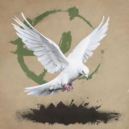 Design a poster aiming to provoke thought and educate about the dangers of chemical weapons. Illustrate a destroyed environment contrasted by a hopeful symbol, like a dove. Add a text with strong message against chemical weapons use.