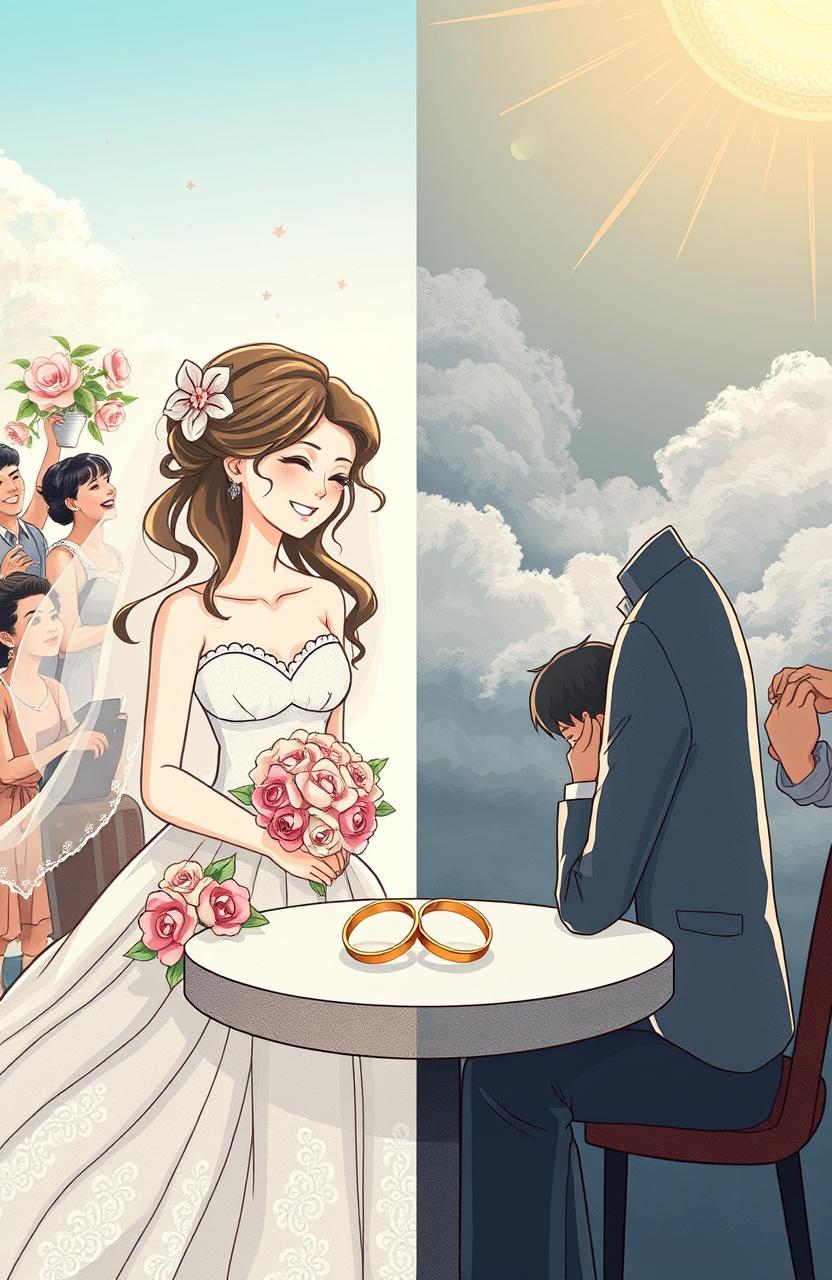 A poignant illustration depicting the contrasting emotions of marriage and divorce