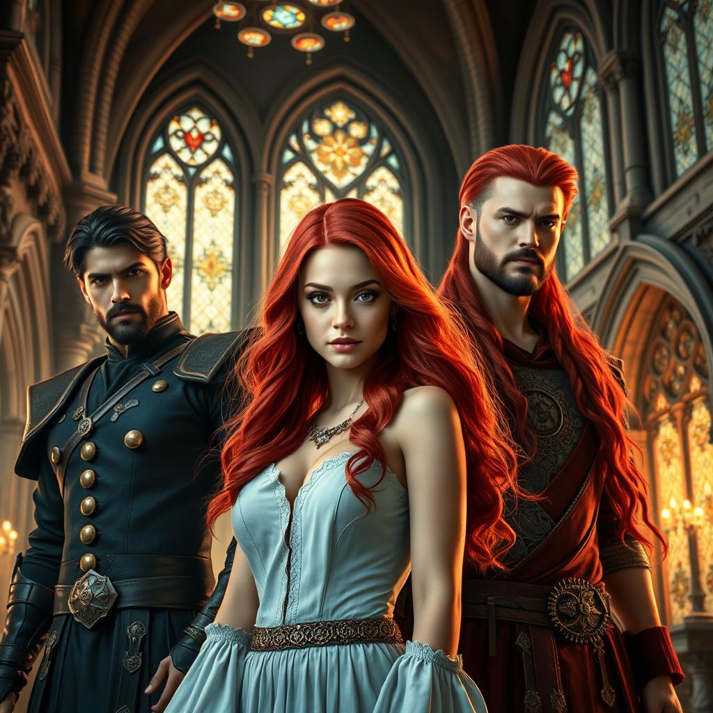 A captivating scene featuring a beautiful young woman with long, flowing red hair and enchanting golden eyes, standing elegantly within a fantasy castle interior