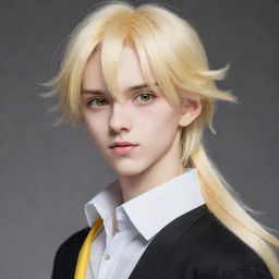 Animated slim teen boy in anime style, with long tail-back blonde hair. His striking heterochromatic eyes, one yellow and the other white, bring an extraordinary allure to his appearance.