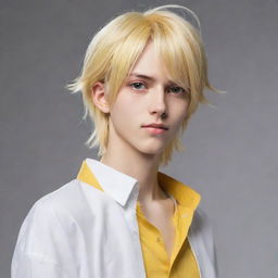 Animated slim teen boy in anime style, with long tail-back blonde hair. His striking heterochromatic eyes, one yellow and the other white, bring an extraordinary allure to his appearance.