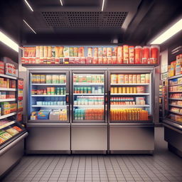 Design a detailed, realistic convenience store with dimensions of height 80", width 144", length 408". It includes two large 1000 liter fridges and two 300 liter deep freezers.