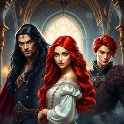 An enchanting scene depicting a beautiful young woman with long, wavy red hair and striking golden eyes, gracefully positioned in the midst of a fantasy castle interior