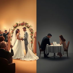 An artistic representation of the contrasting themes of marriage and divorce