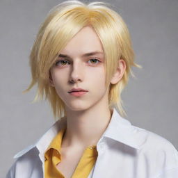 Animated slim teen boy in anime style, with long tail-back blonde hair. His striking heterochromatic eyes, one yellow and the other white, bring an extraordinary allure to his appearance.