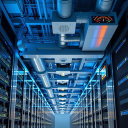 A modern data center featuring a high-tech cooling system, showcasing rows of server racks with blinking lights, intricate cabling, and powerful air conditioning units