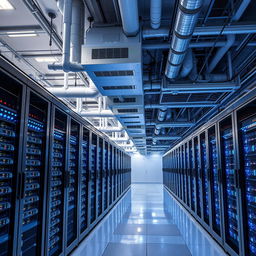 A modern data center featuring a high-tech cooling system, showcasing rows of server racks with blinking lights, intricate cabling, and powerful air conditioning units