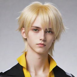 Animated slim teen boy in anime style, with long tail-back blonde hair. His striking heterochromatic eyes, one yellow and the other white, bring an extraordinary allure to his appearance.