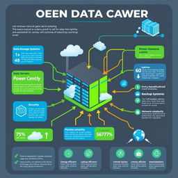 An informative and visually appealing infographic design depicting various aspects of a modern data center