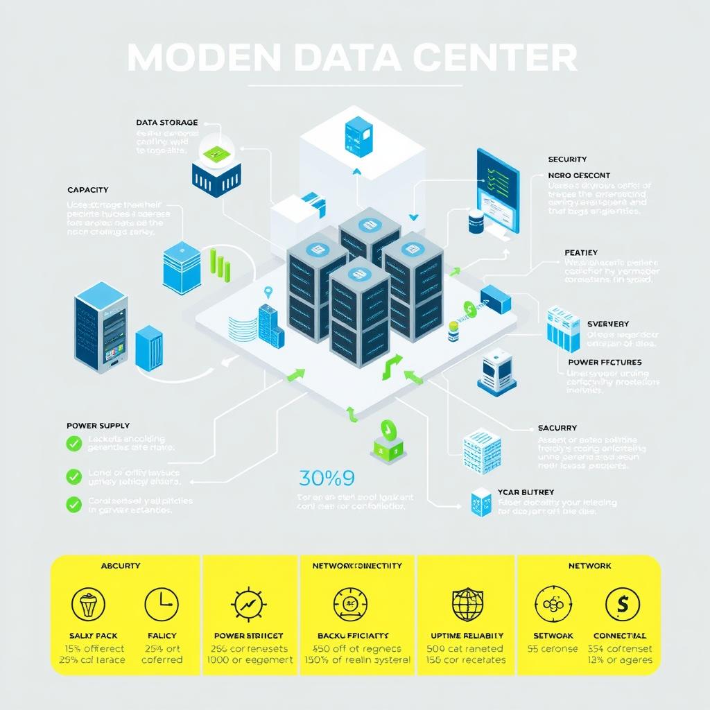 An informative and visually appealing infographic design depicting various aspects of a modern data center