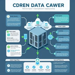 An informative and visually appealing infographic design depicting various aspects of a modern data center