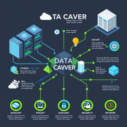 An informative and visually appealing infographic design depicting various aspects of a modern data center