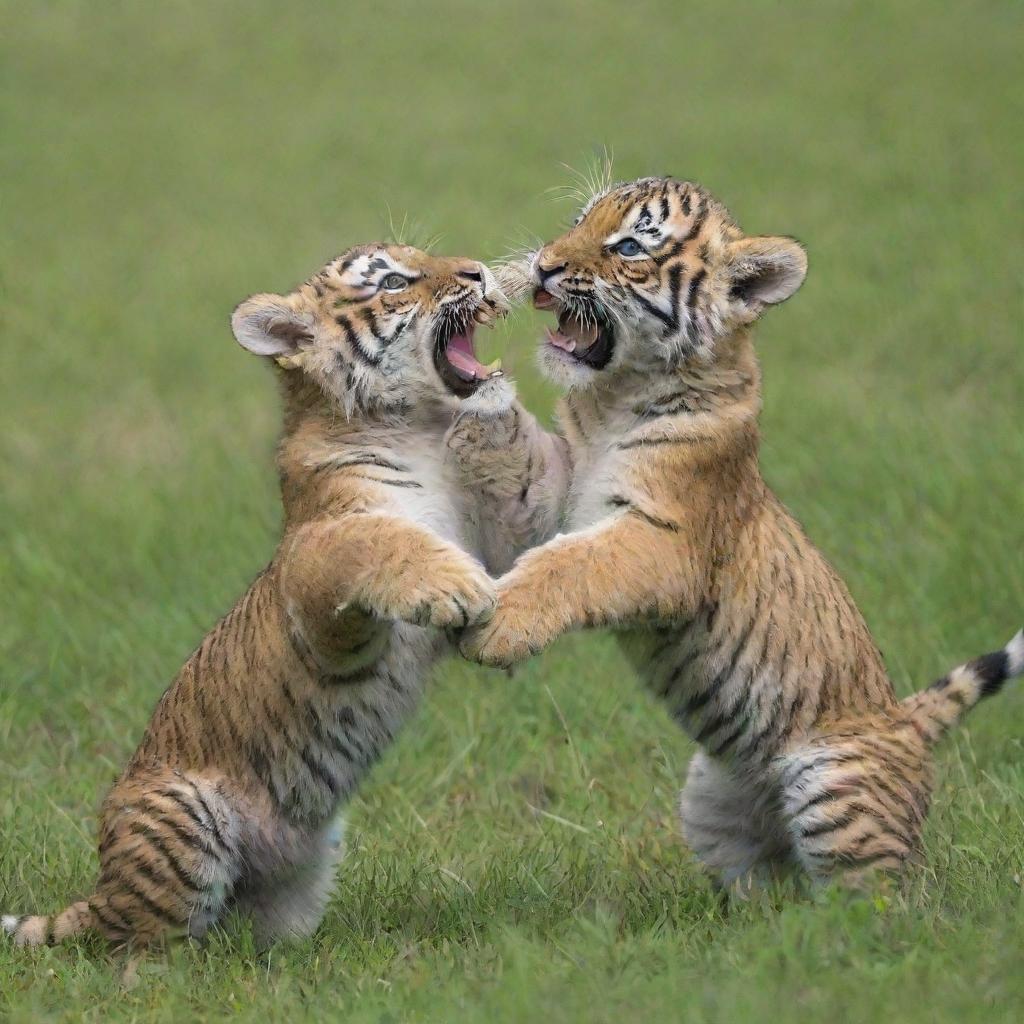 An adorable tiger and lion cub playfully interacting in a lush green meadow under a clear blue sky.