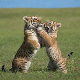 An adorable tiger and lion cub playfully interacting in a lush green meadow under a clear blue sky.