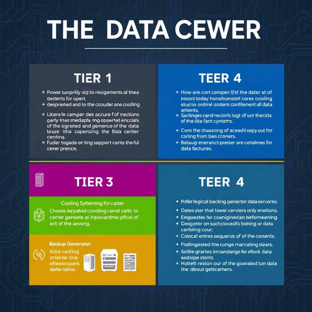 A detailed infographic illustrating the tiers of a data center, showcasing the various levels of infrastructure reliability and performance