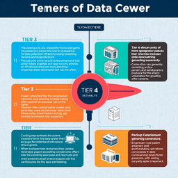 A detailed infographic illustrating the tiers of a data center, showcasing the various levels of infrastructure reliability and performance