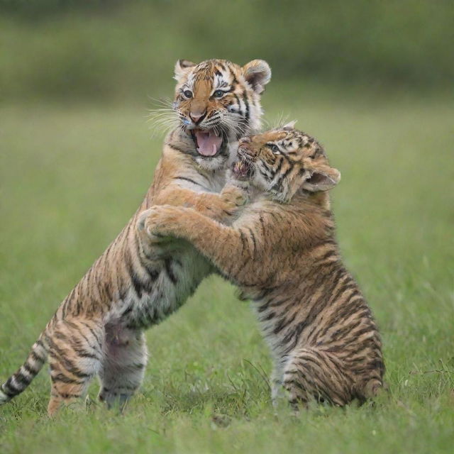 An adorable tiger and lion cub playfully interacting in a lush green meadow under a clear blue sky.