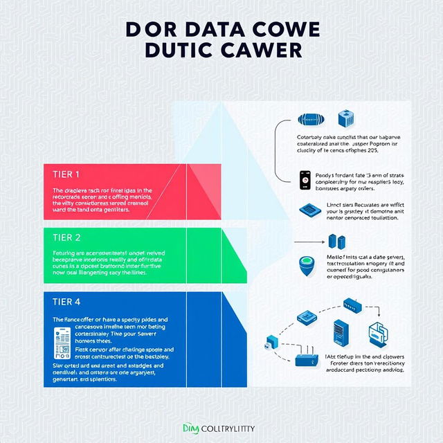 A detailed infographic illustrating the tiers of a data center, showcasing the various levels of infrastructure reliability and performance