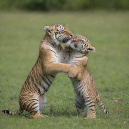 An adorable tiger and lion cub playfully interacting in a lush green meadow under a clear blue sky.