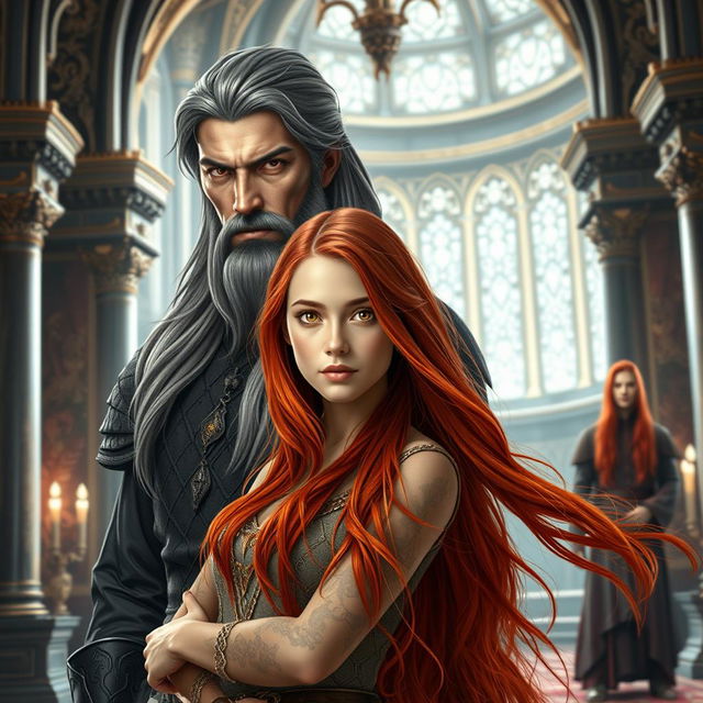 A beautiful young woman with long flowing red hair and striking golden eyes stands gracefully in a grand fantasy castle interior