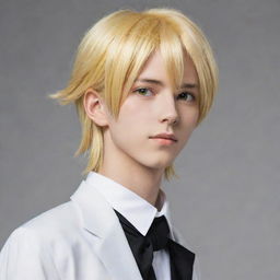 An animated anime-style slim teen boy with long tail-back blonde hair. His unique heterochromatic eyes, one yellow and one white, lend an appealing mystery to his character.