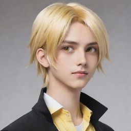 An animated anime-style slim teen boy with long tail-back blonde hair. His unique heterochromatic eyes, one yellow and one white, lend an appealing mystery to his character.