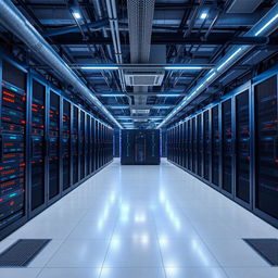 A detailed and expansive view of a modern data center's power infrastructure, showcasing rows of high-tech servers and racks