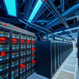 A detailed and expansive view of a modern data center's power infrastructure, showcasing rows of high-tech servers and racks