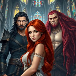 A stunning young woman with long, cascading red hair and captivating golden eyes stands gracefully in a captivating fantasy castle interior