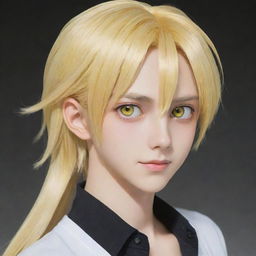 An animated anime-style slim teen boy with long tail-back blonde hair. His unique heterochromatic eyes, one yellow and one white, lend an appealing mystery to his character.