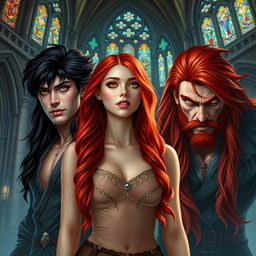 A stunning young woman with long, cascading red hair and captivating golden eyes stands gracefully in a captivating fantasy castle interior