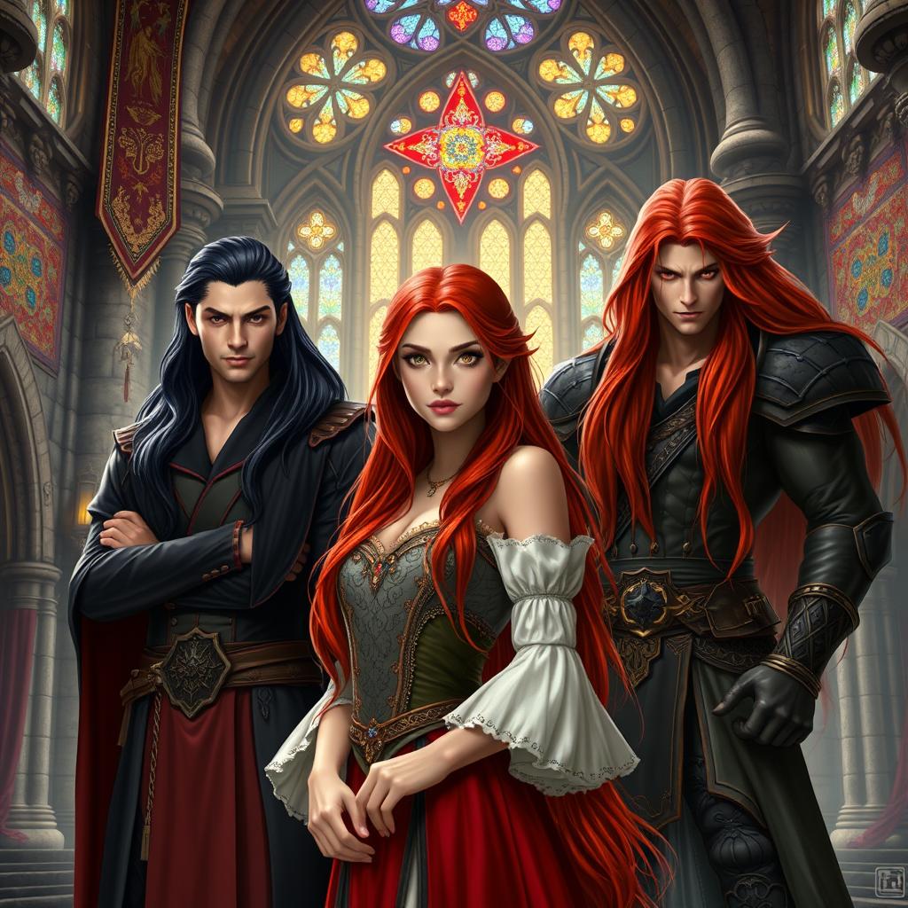 A strikingly beautiful young woman with long, silky red hair and captivating golden eyes stands gracefully in a magnificent fantasy castle interior