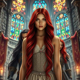 A strikingly beautiful young woman with long, silky red hair and captivating golden eyes stands gracefully in a magnificent fantasy castle interior