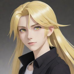 An animated anime-style slim teen boy with long tail-back blonde hair. His unique heterochromatic eyes, one yellow and one white, lend an appealing mystery to his character.