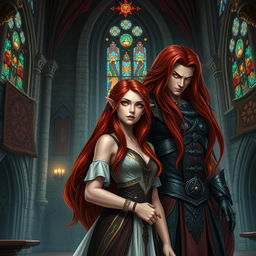 A strikingly beautiful young woman with long, silky red hair and captivating golden eyes stands gracefully in a magnificent fantasy castle interior