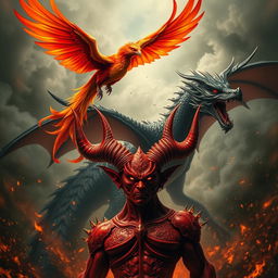 A dramatic scene featuring a majestic phoenix with vibrant red and orange feathers soaring gracefully above a fearsome black dragon with shimmering scales and a glinting gaze